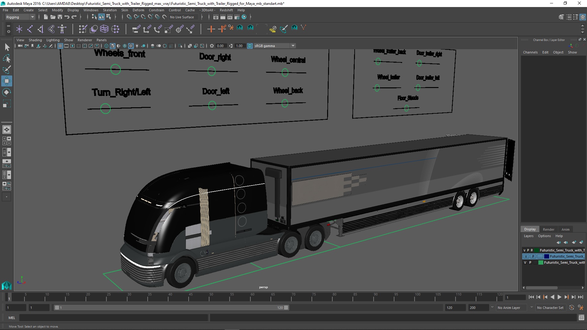 3D model Futuristic Semi Truck with Trailer Rigged for Maya