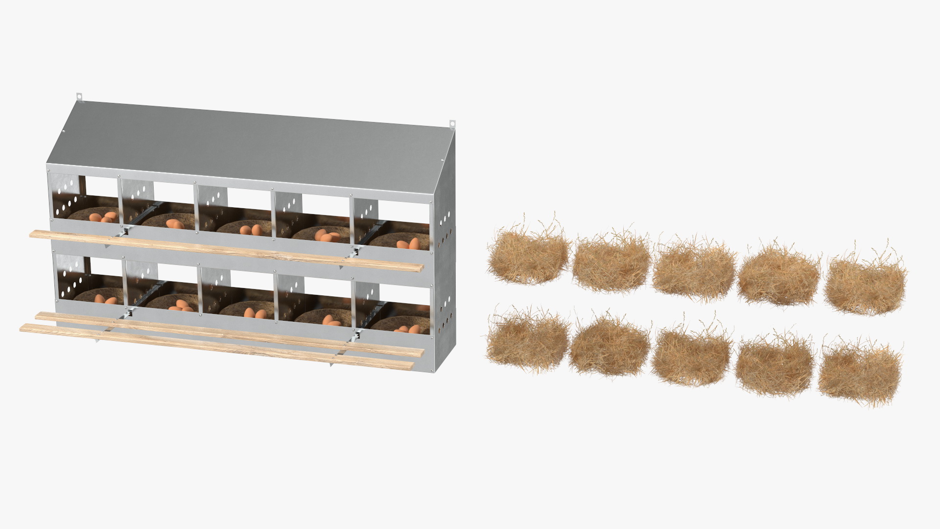 10-Hole Poultry Nest Box With Chicken Eggs 3D