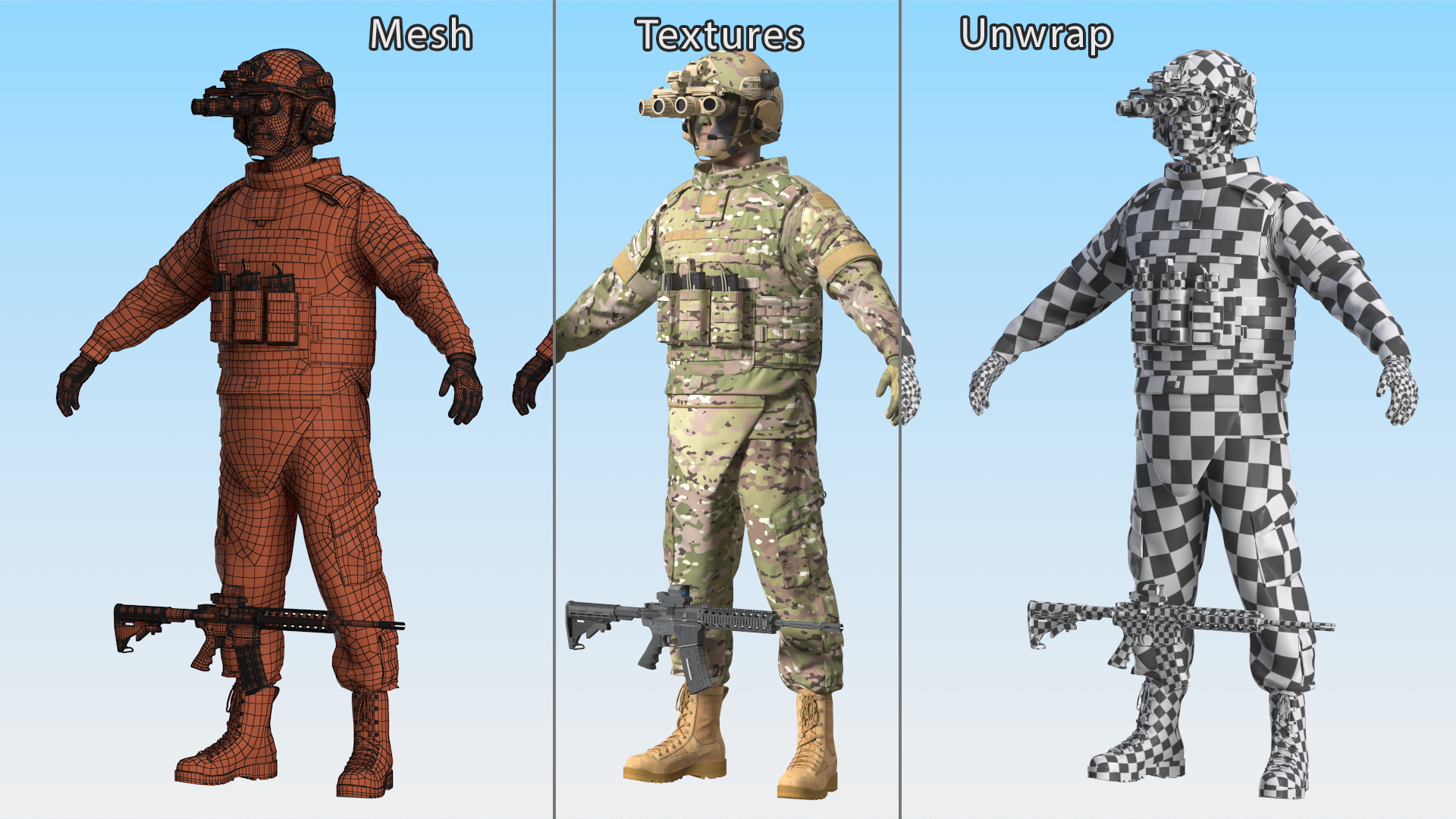 3D Soldier Green Camo with Night Visor Rigged for Maya