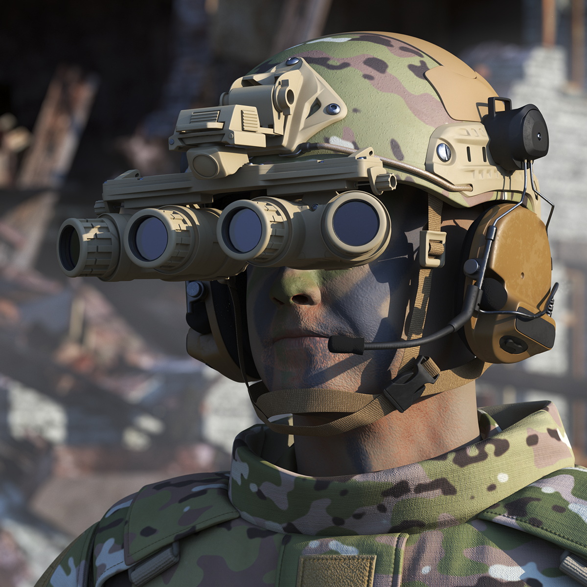 3D Soldier Green Camo with Night Visor Rigged for Maya