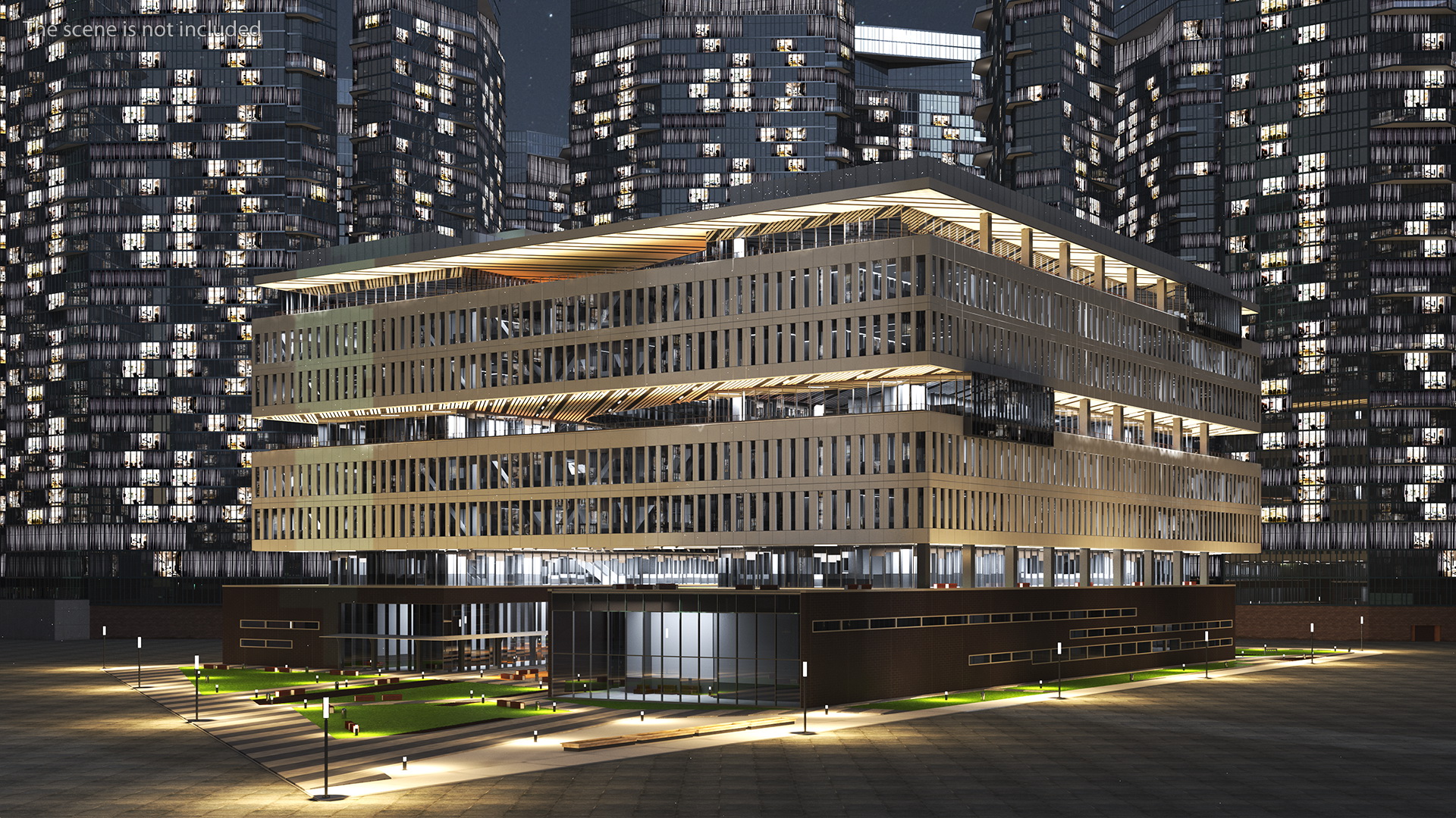 3D Modern Office Building Night Glow model
