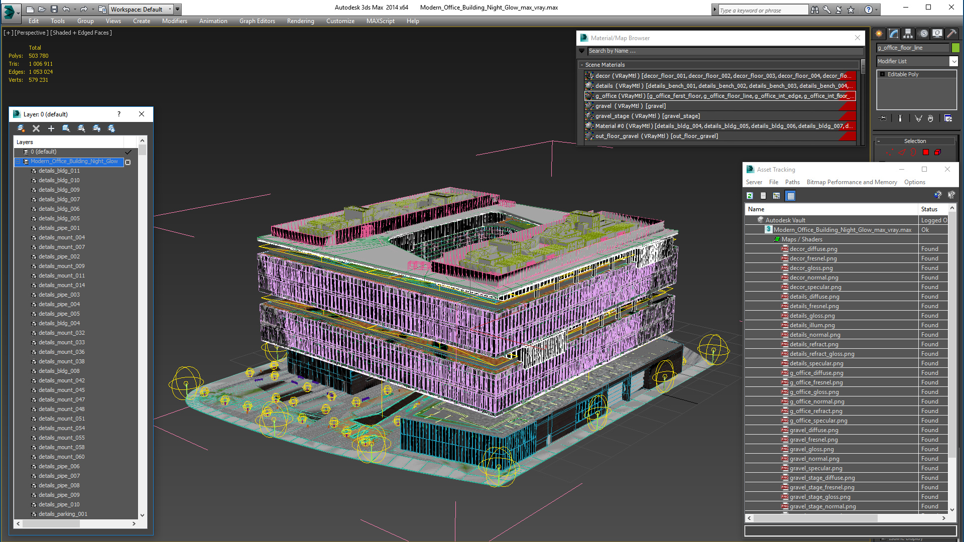 3D Modern Office Building Night Glow model