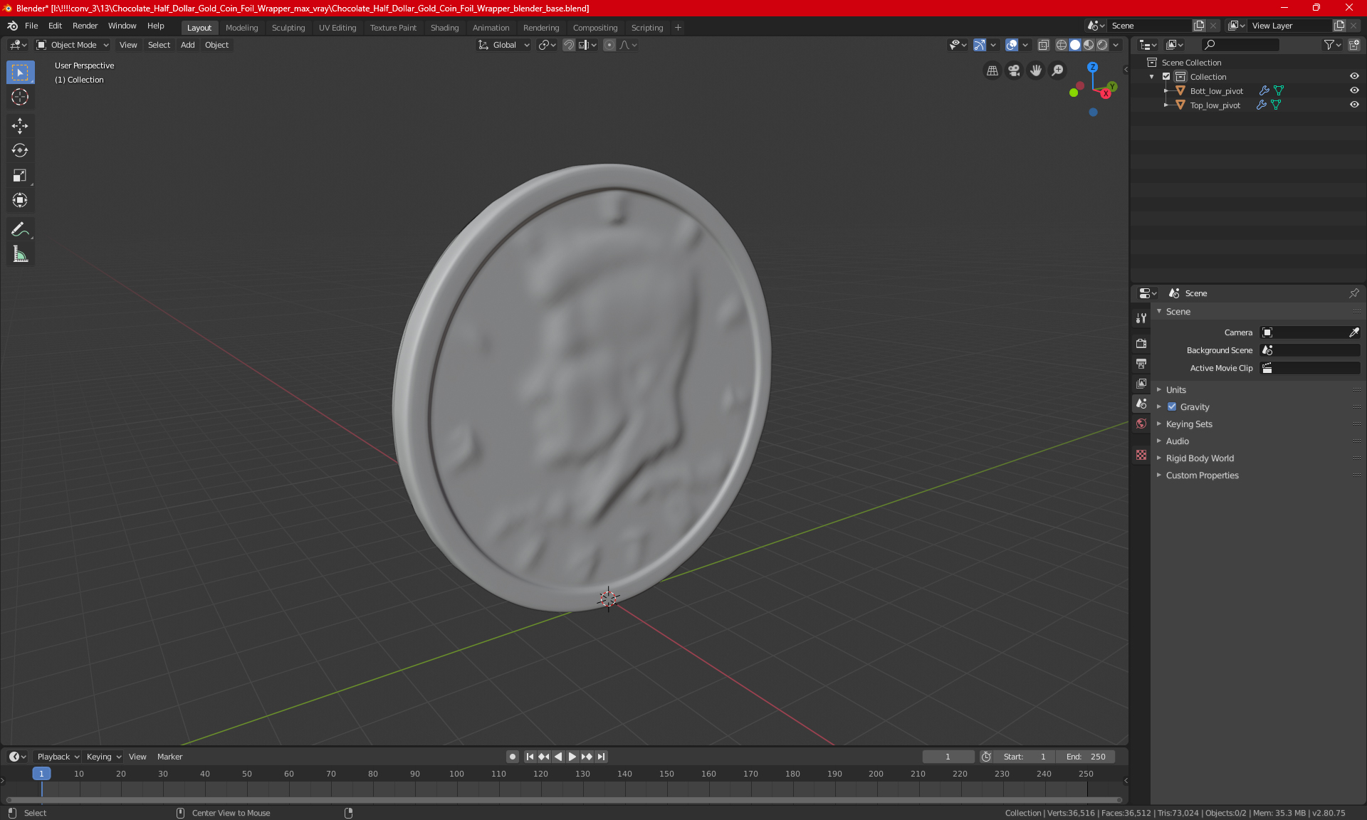 Chocolate Half Dollar Gold Coin Foil Wrapper 3D model