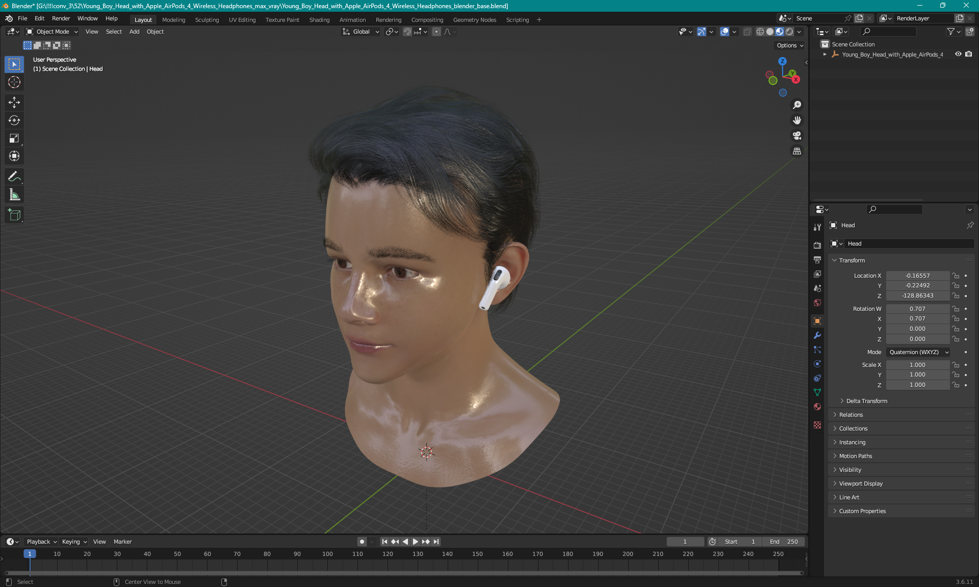 3D model Young Boy Head with Apple AirPods 4 Wireless Headphones