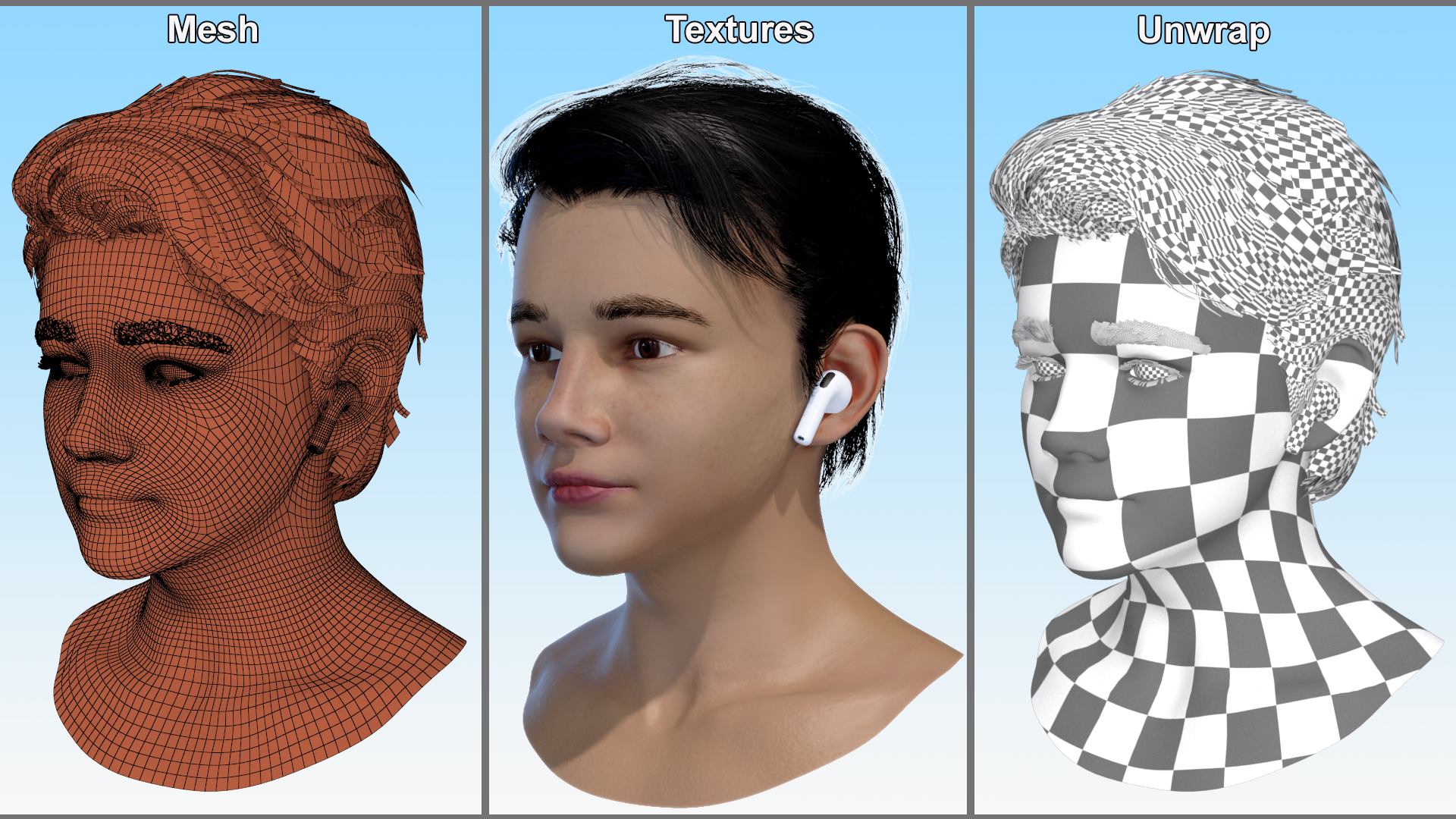 3D model Young Boy Head with Apple AirPods 4 Wireless Headphones