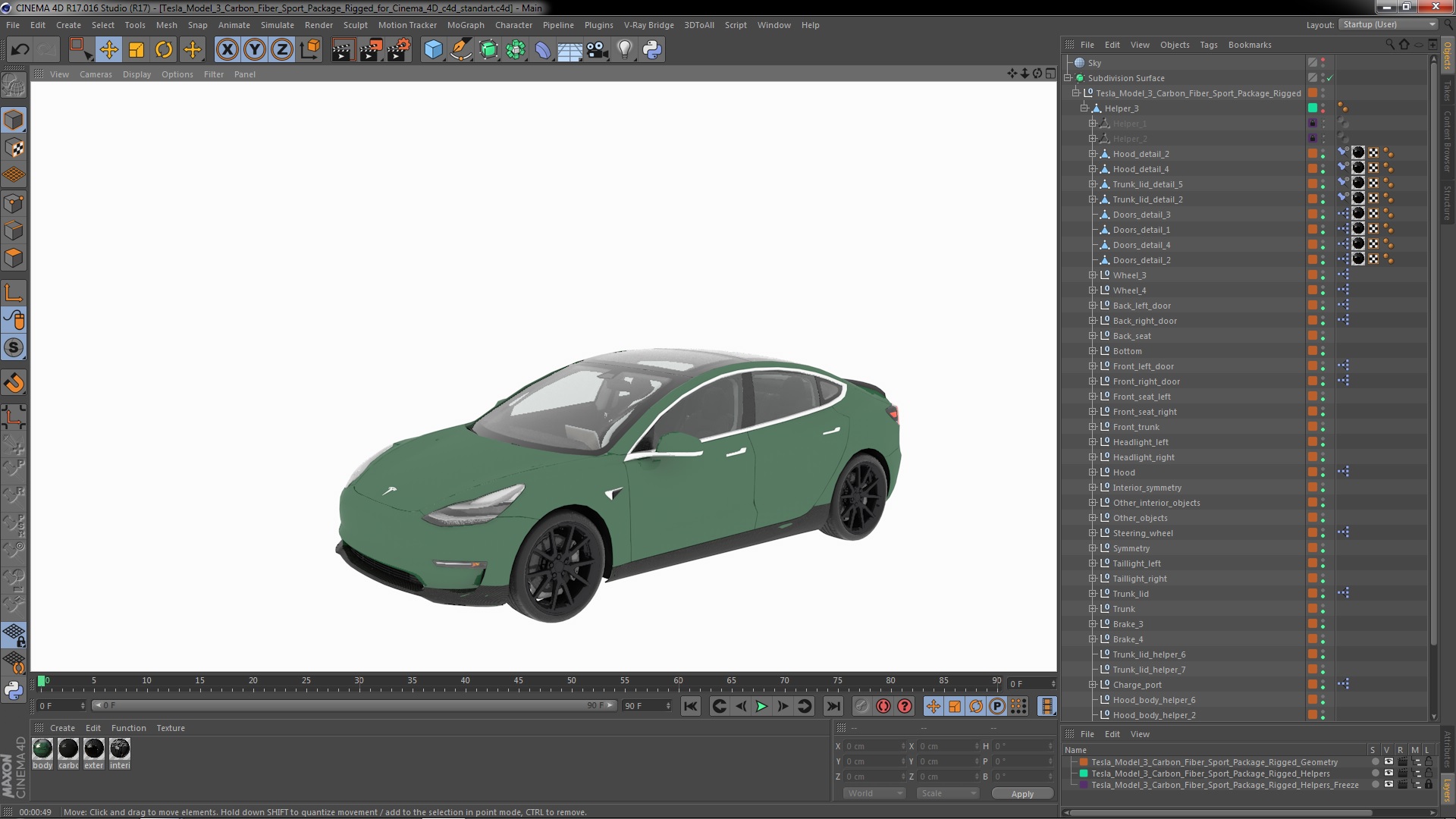 3D Tesla Model 3 Carbon Fiber Sport Package Rigged for Cinema 4D