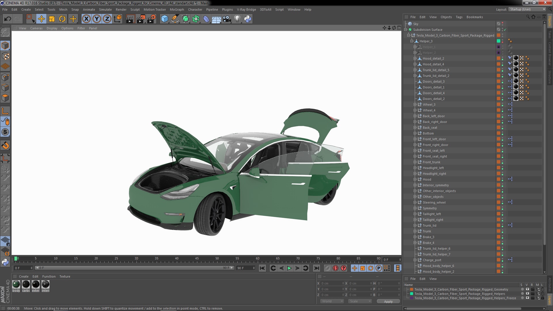3D Tesla Model 3 Carbon Fiber Sport Package Rigged for Cinema 4D
