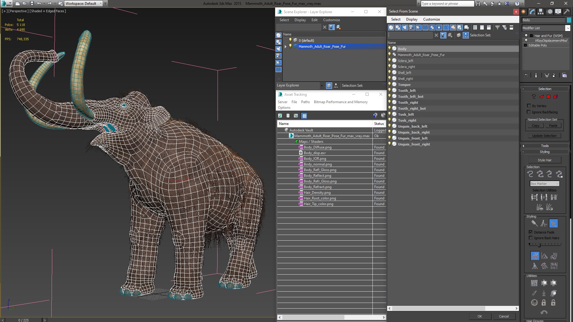 Mammoth Adult Roar Pose Fur 3D