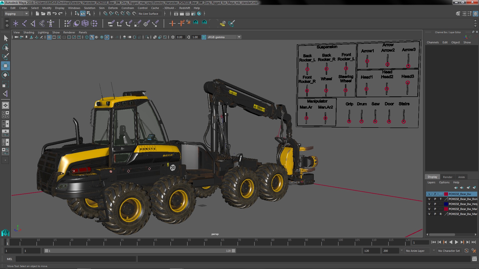 3D model Forestry Harvester PONSSE Bear 8W Dirty Rigged for Maya