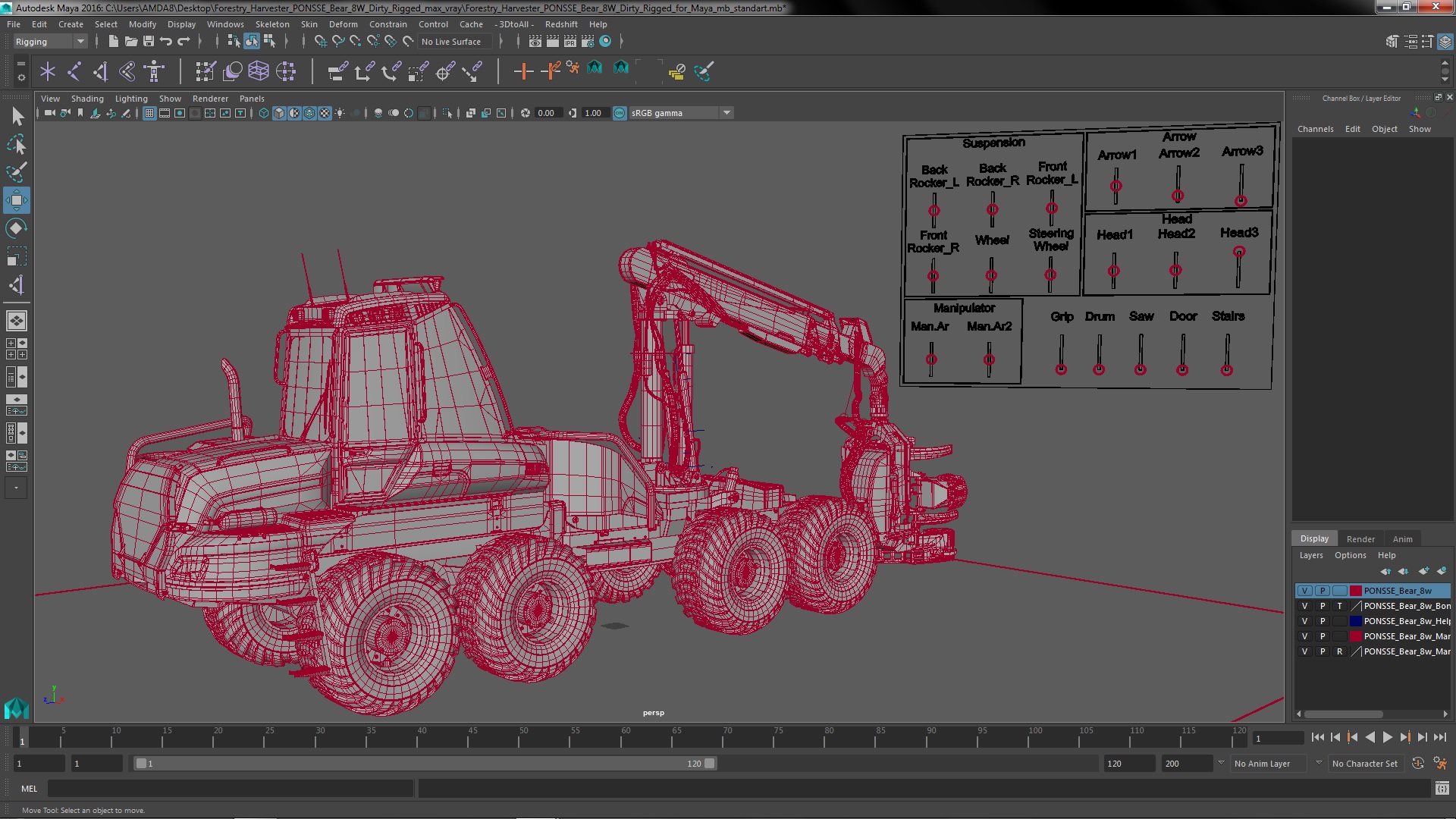 3D model Forestry Harvester PONSSE Bear 8W Dirty Rigged for Maya