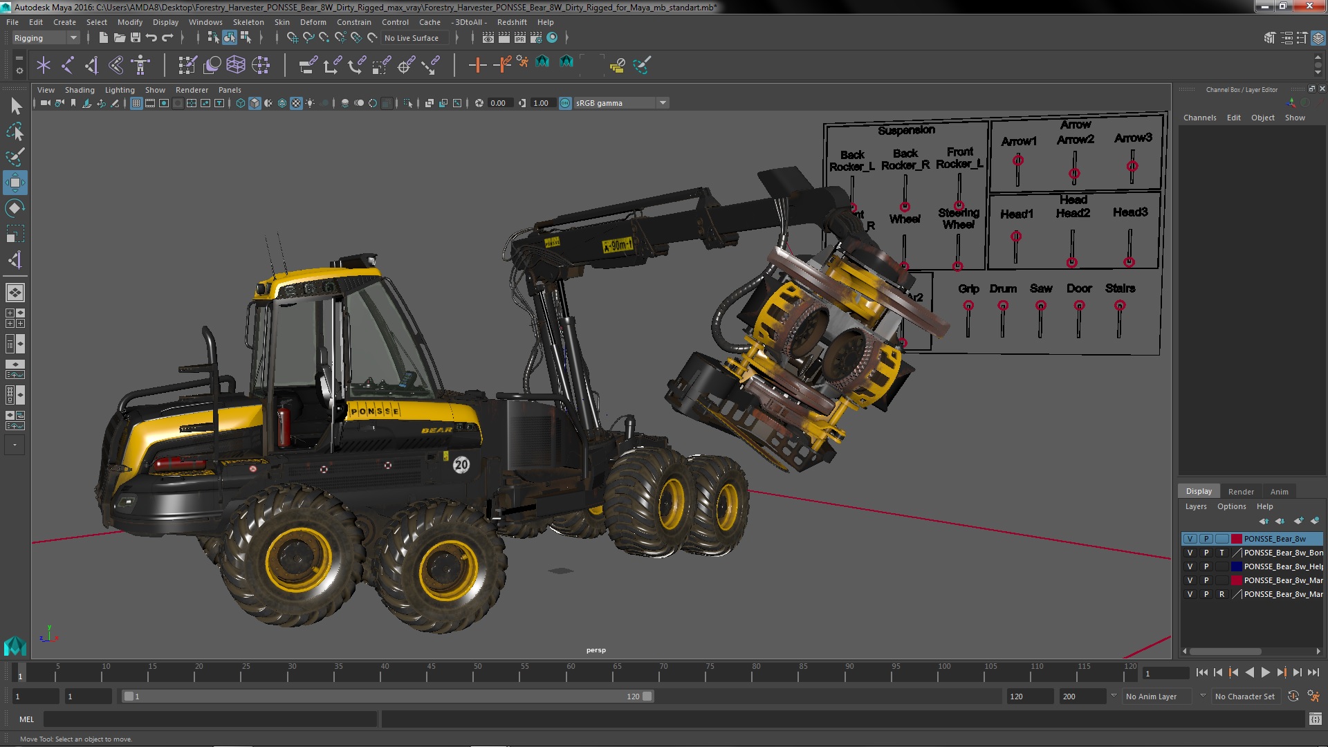 3D model Forestry Harvester PONSSE Bear 8W Dirty Rigged for Maya