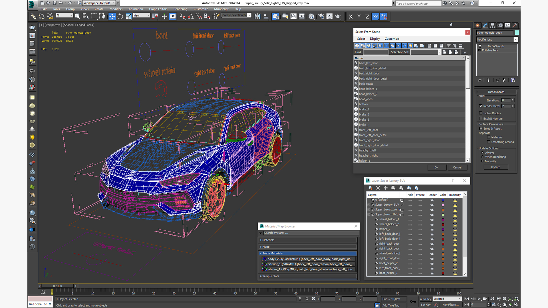 3D Super Luxury SUV Lights ON Rigged model