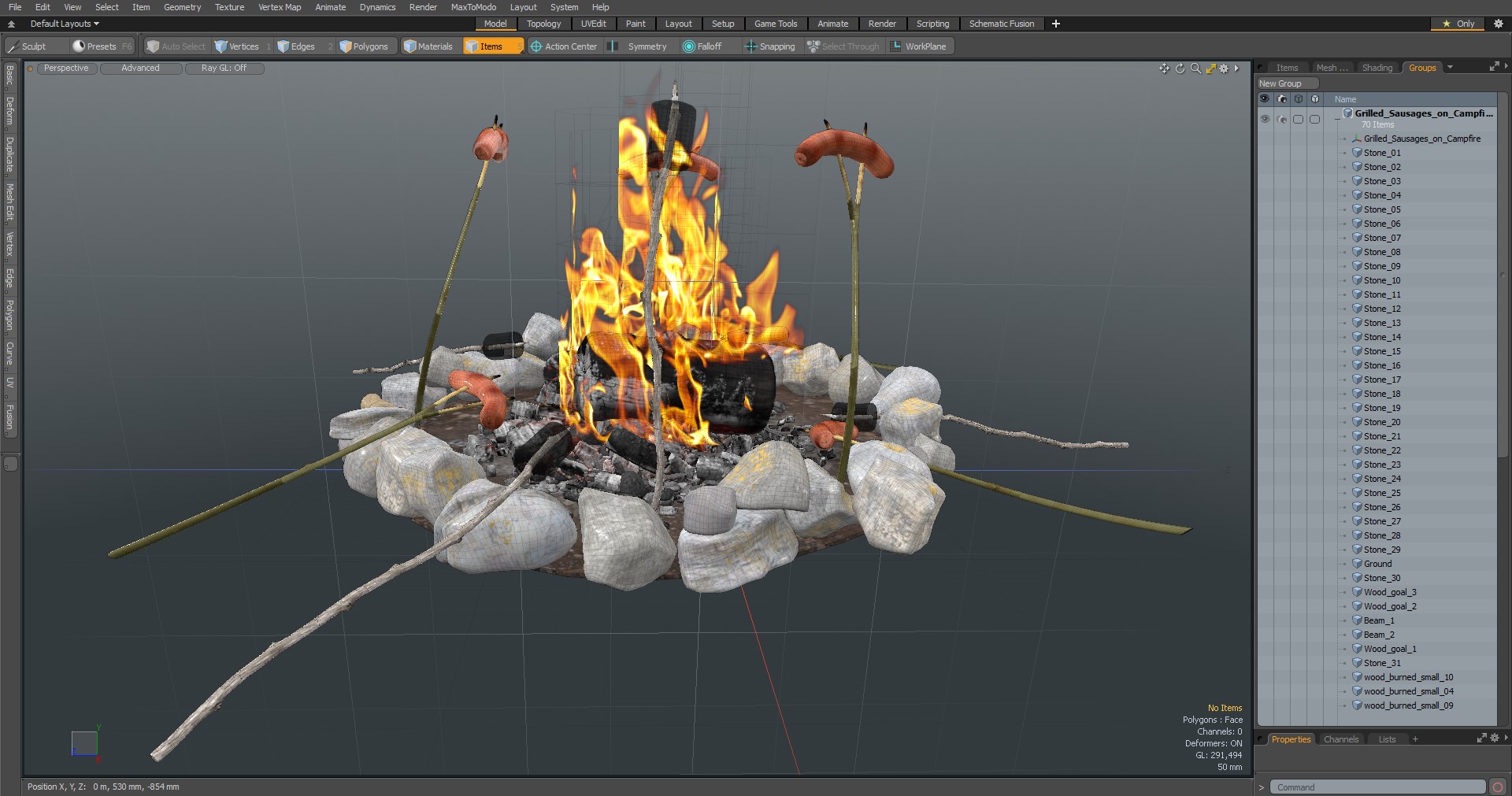 3D Grilled Sausages on Campfire model