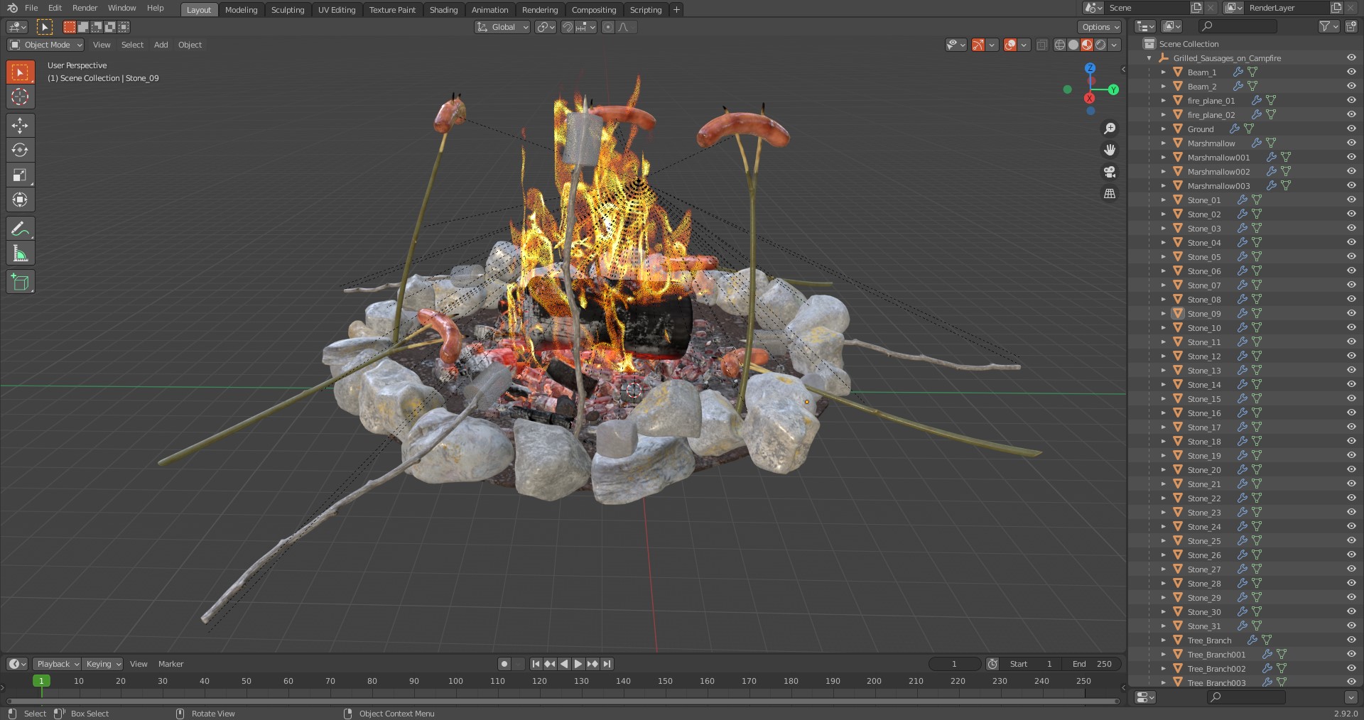 3D Grilled Sausages on Campfire model