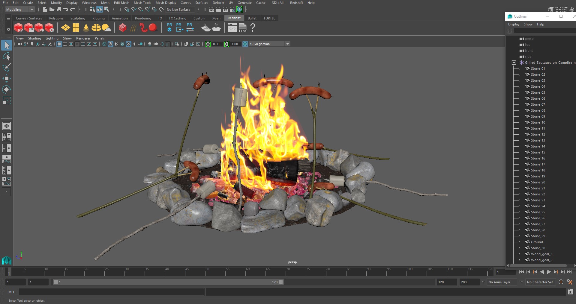 3D Grilled Sausages on Campfire model