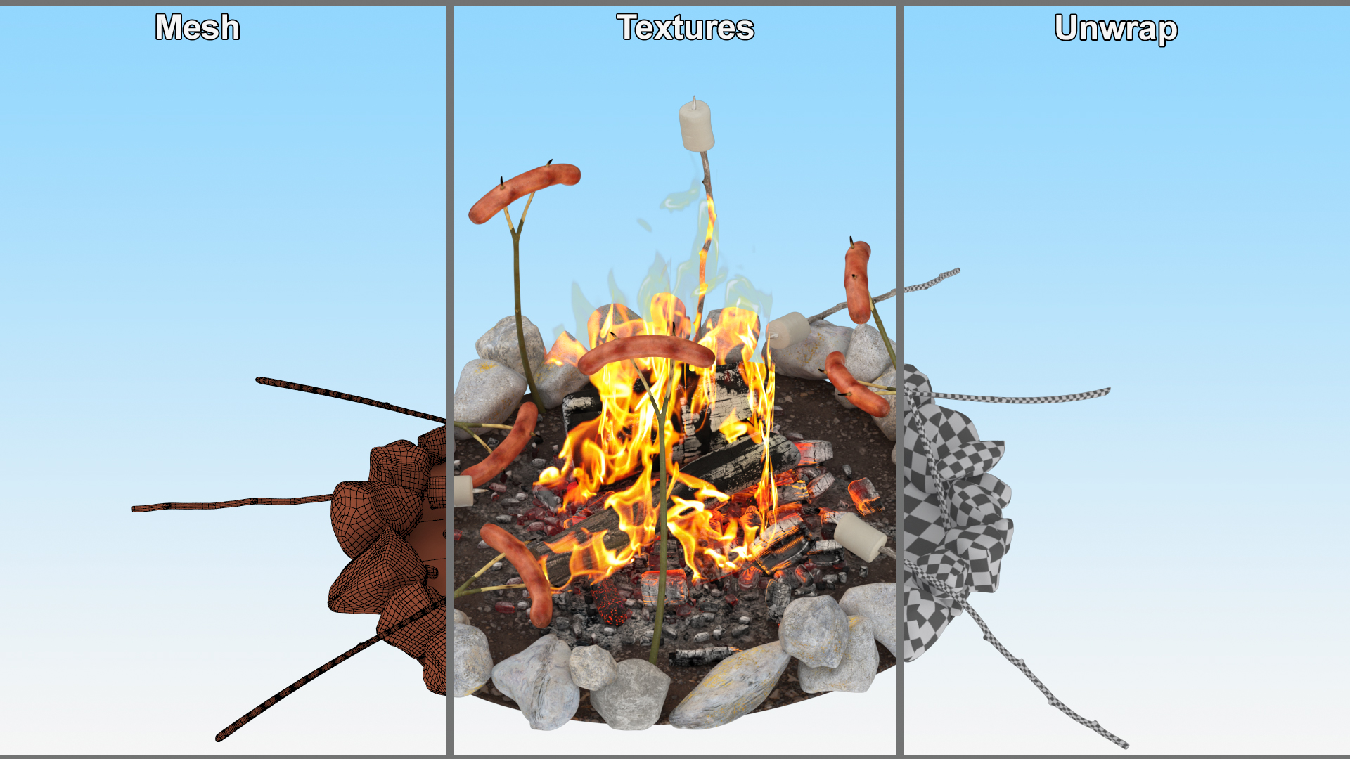 3D Grilled Sausages on Campfire model