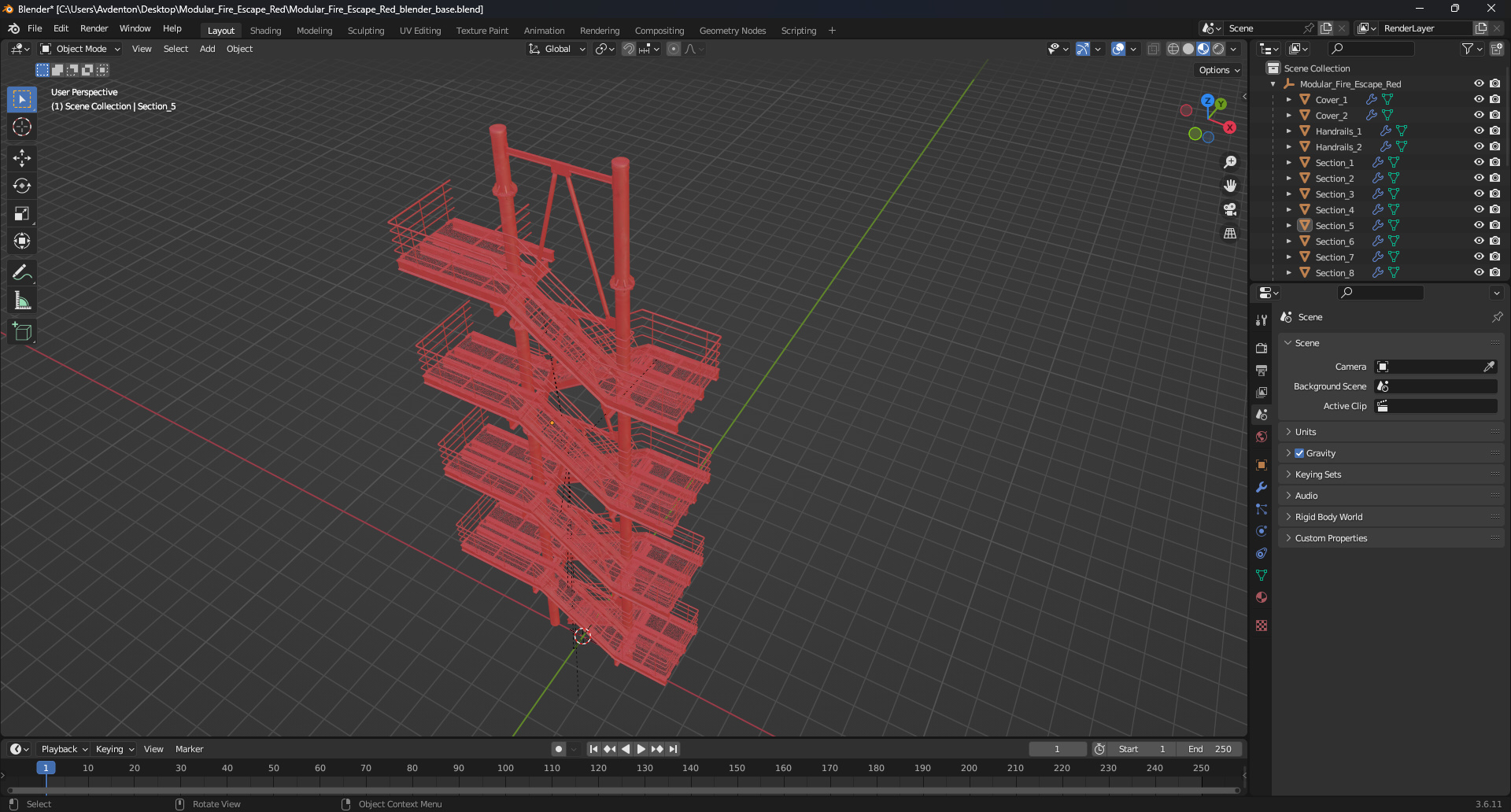 3D Modular Fire Escape Red model