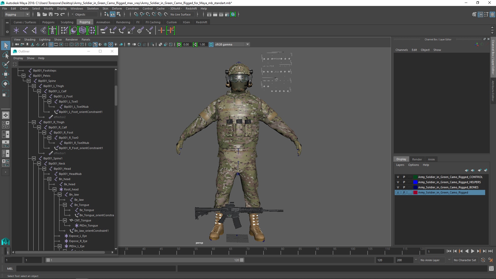 Army Soldier in Green Camo Rigged for Maya 3D