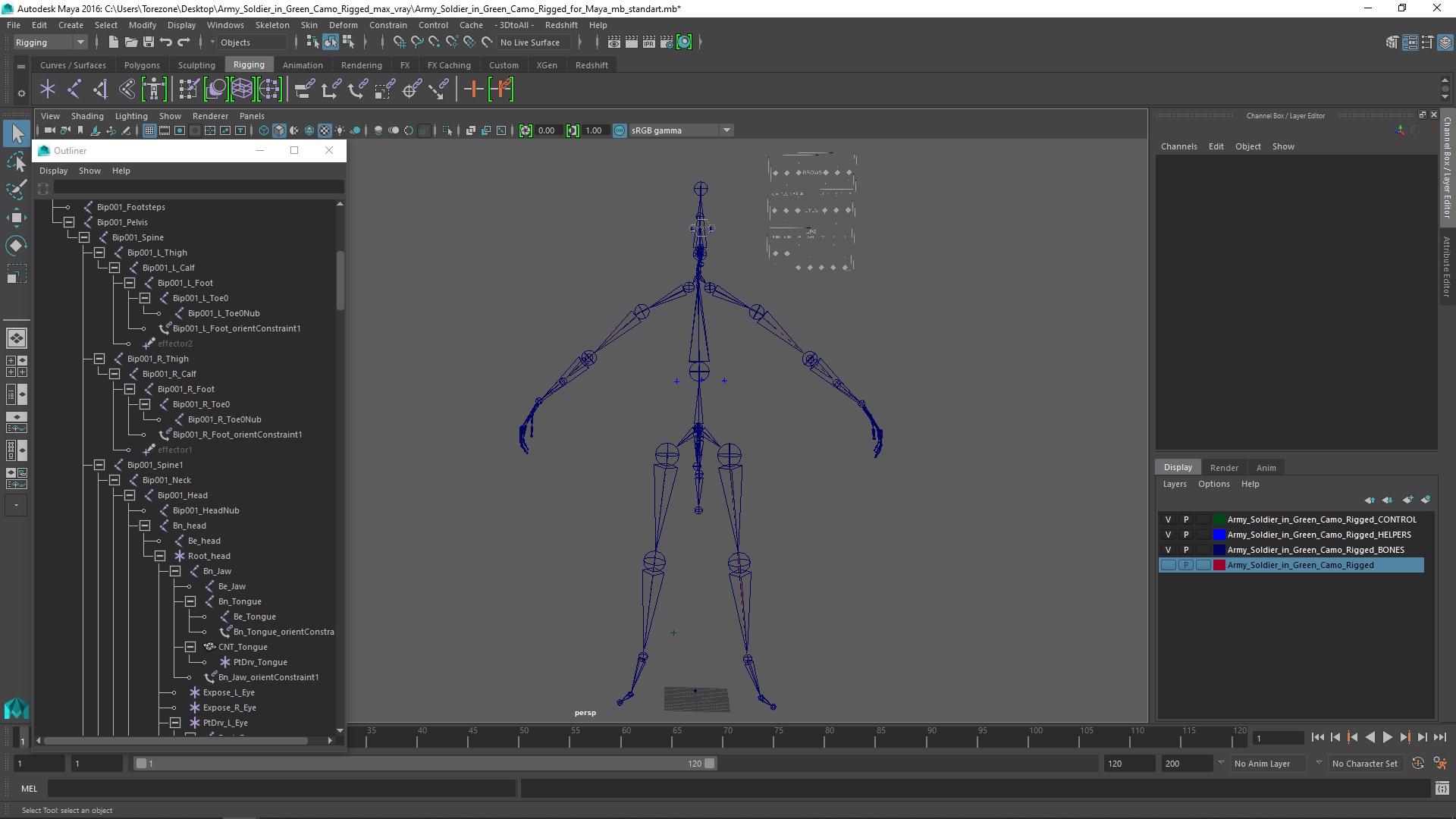 Army Soldier in Green Camo Rigged for Maya 3D
