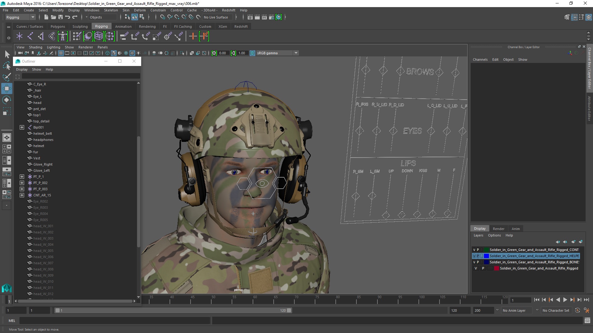 Army Soldier in Green Camo Rigged for Maya 3D