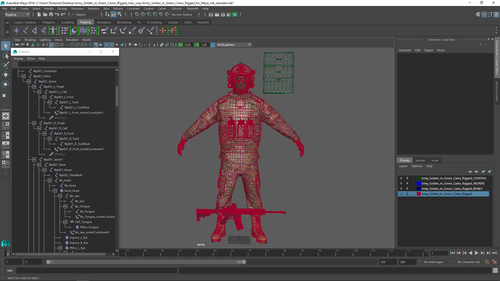 Army Soldier in Green Camo Rigged for Maya 3D