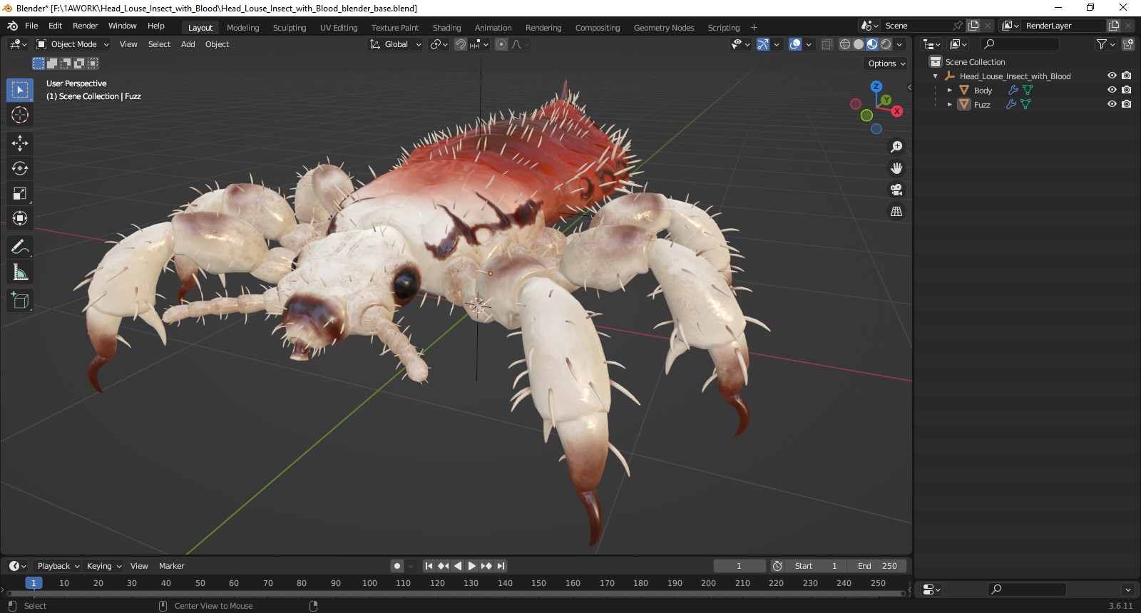 3D Head Louse Insect with Blood model