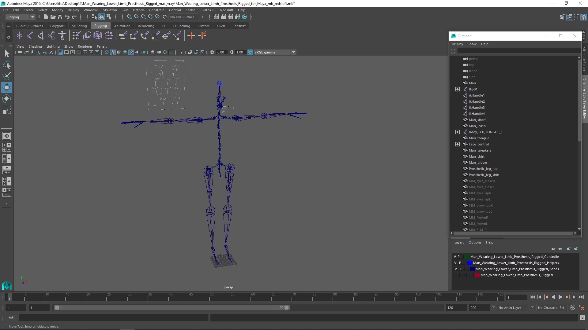 Man Wearing Lower Limb Prosthesis Rigged for Maya 3D model