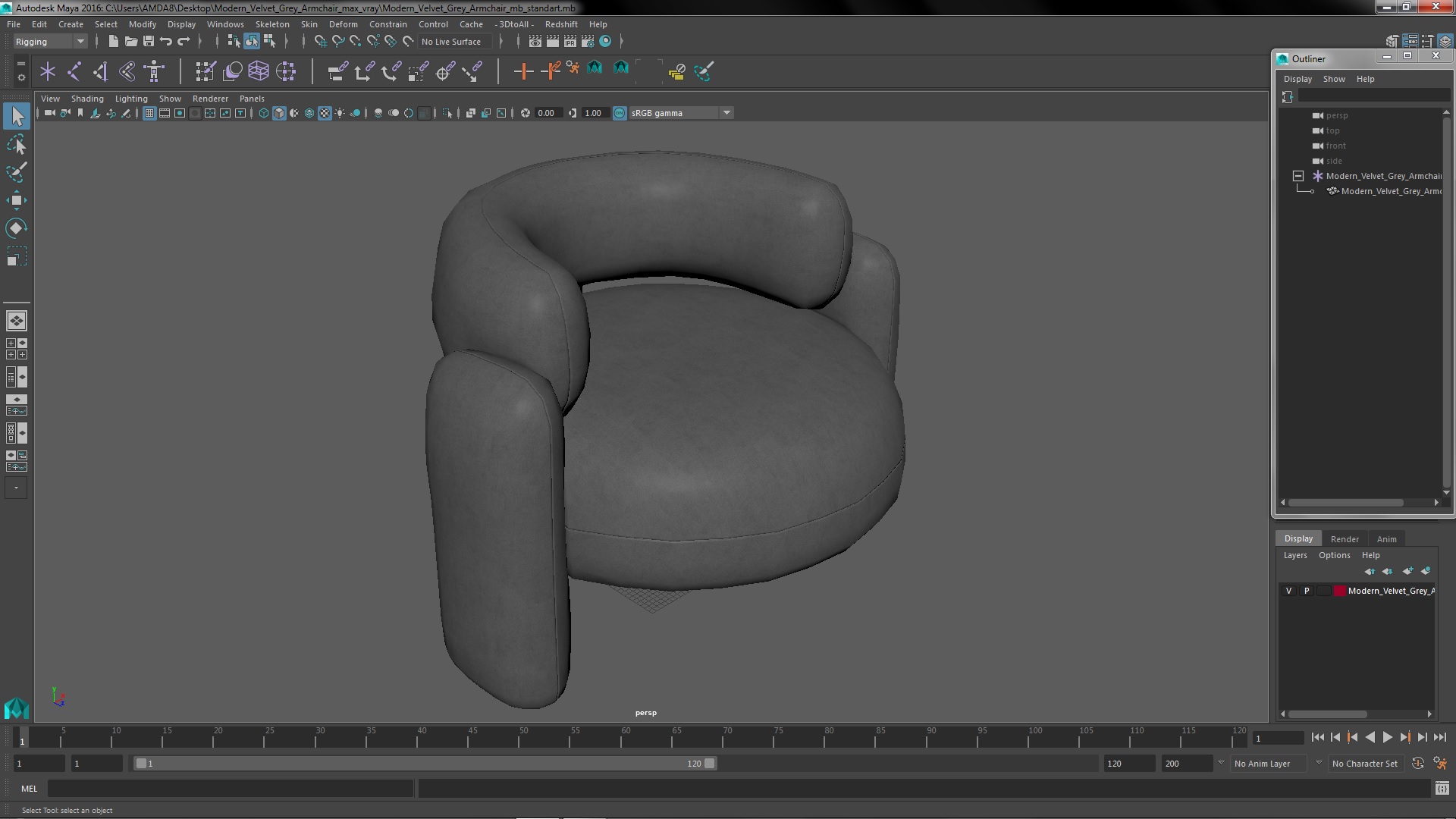 Modern Velvet Grey Armchair 3D
