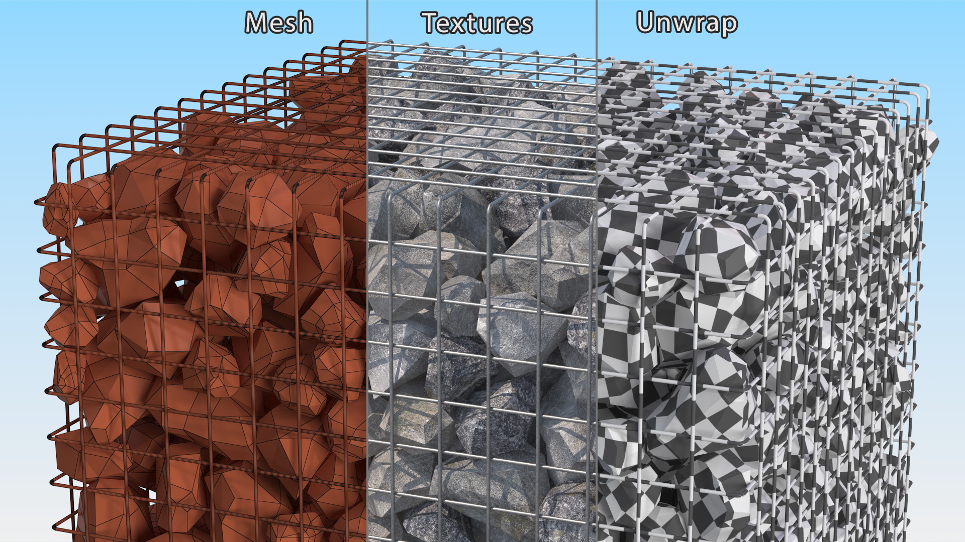 3D Gabion Square Basket with Rocks
