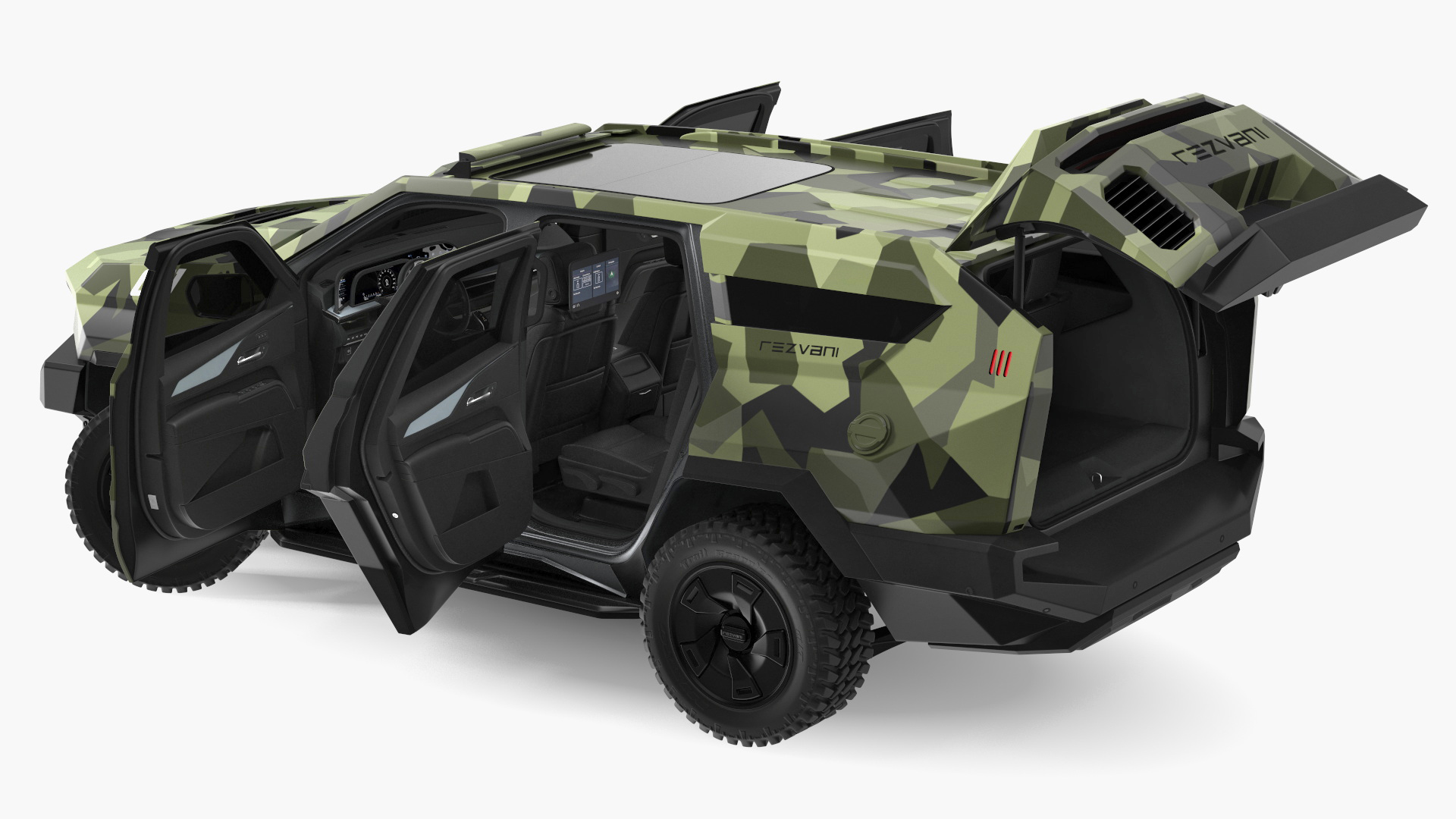 2023 Rezvani Vengeance Armored SUV Camouflage Colored Lights On Rigged for Maya 3D model
