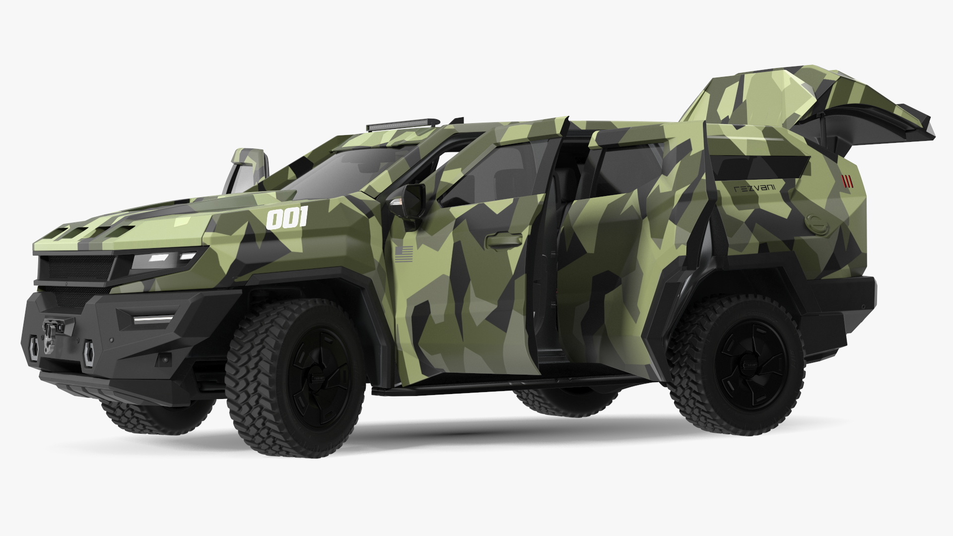 2023 Rezvani Vengeance Armored SUV Camouflage Colored Lights On Rigged for Maya 3D model
