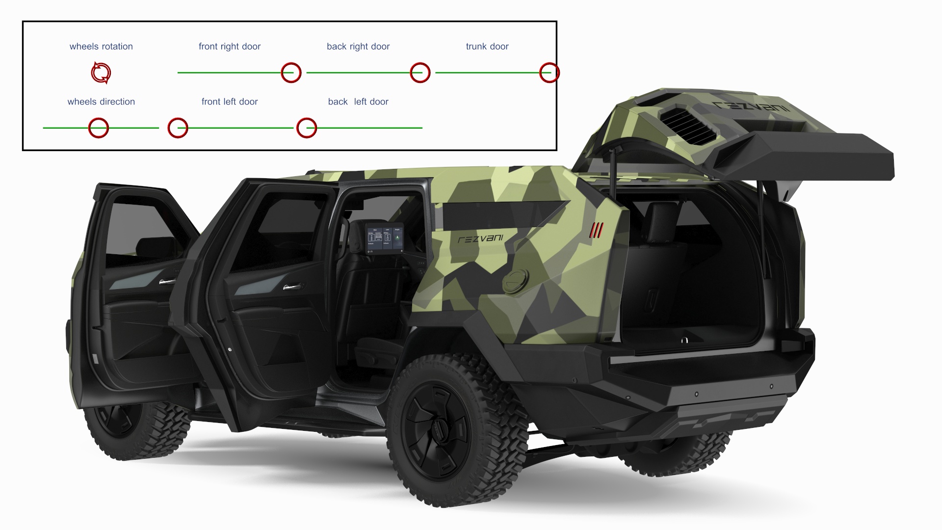2023 Rezvani Vengeance Armored SUV Camouflage Colored Lights On Rigged for Maya 3D model