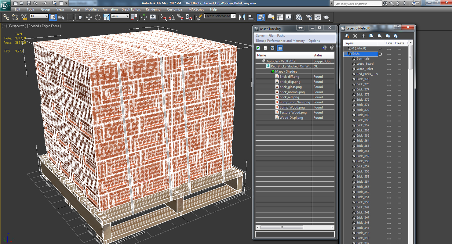 3D model Red Bricks Stacked On Wooden Pallet