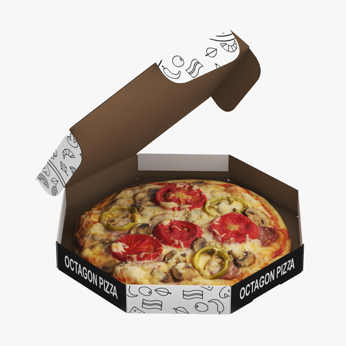 3D Octagonal Pizza Box with Pizza Rigged for Maya