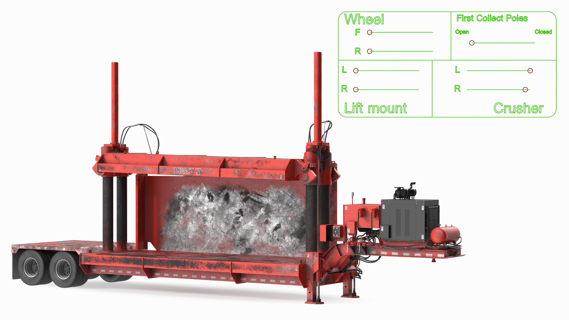 Old Portable Car Crusher Impact 5 Red Rigged 3D model