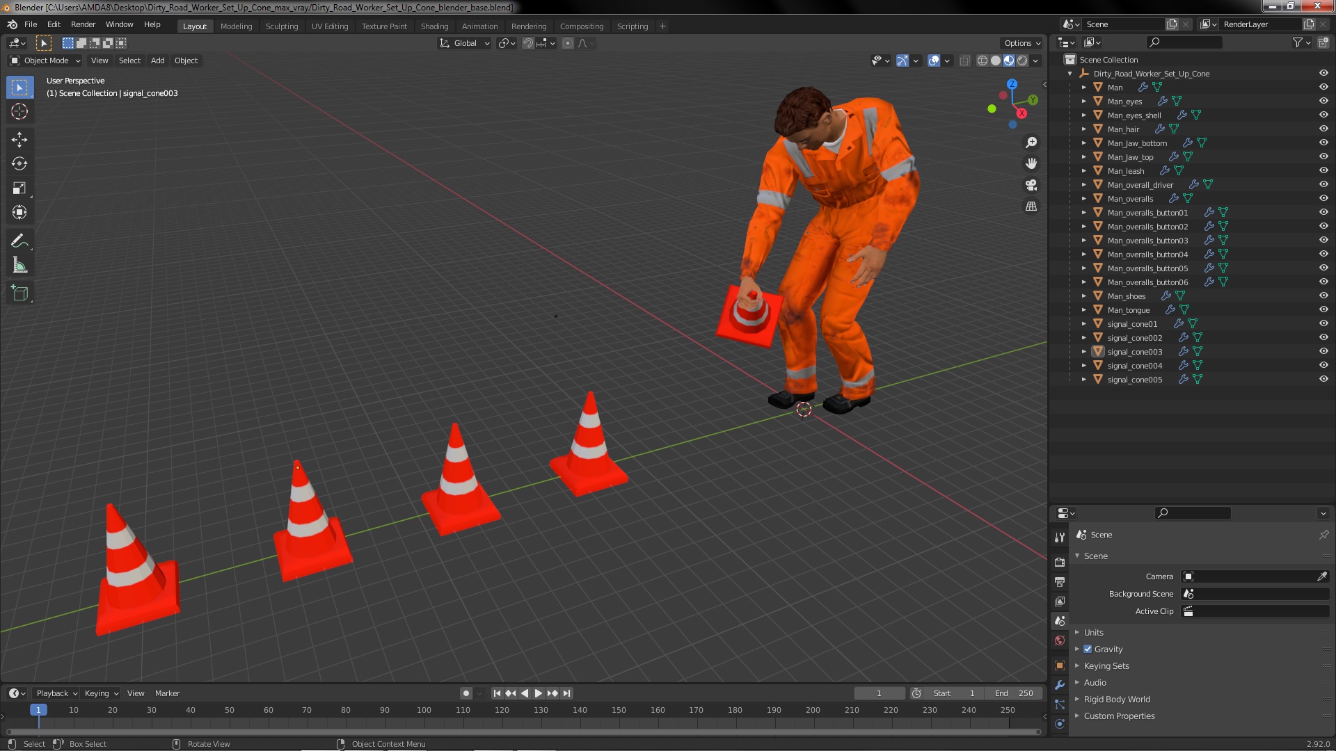 Dirty Road Worker Set Up Cone 3D model