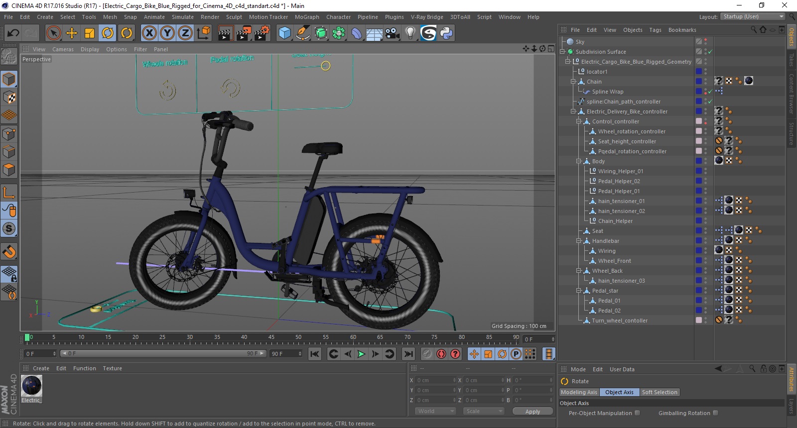 3D model Electric Cargo Bike Blue Rigged for Cinema 4D