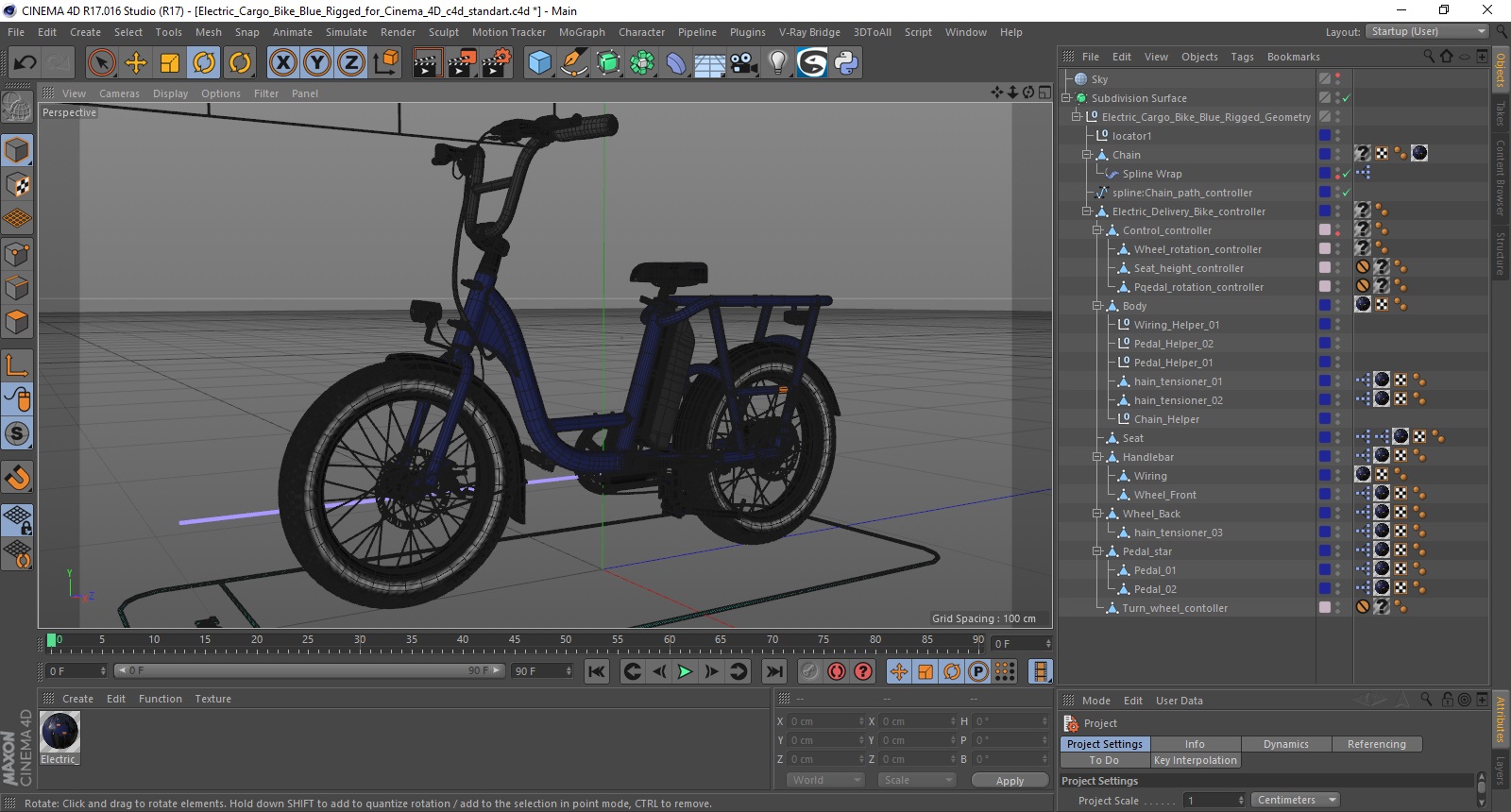 3D model Electric Cargo Bike Blue Rigged for Cinema 4D