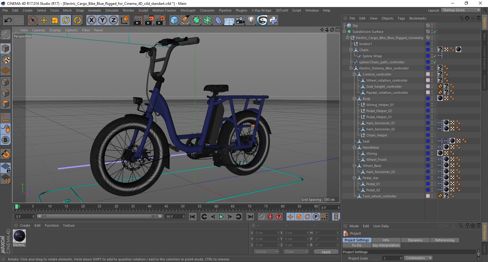3D model Electric Cargo Bike Blue Rigged for Cinema 4D