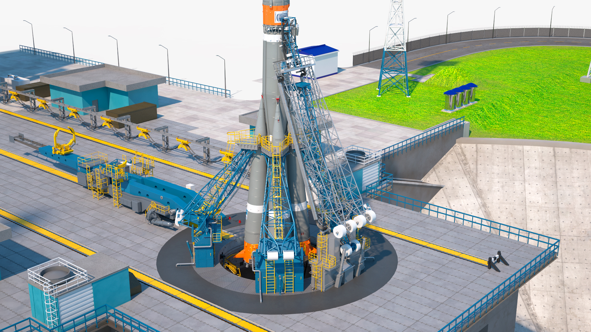 3D Vostochny Cosmodrome Spaceport with Soyuz 2 Orbital Vehicle Rigged