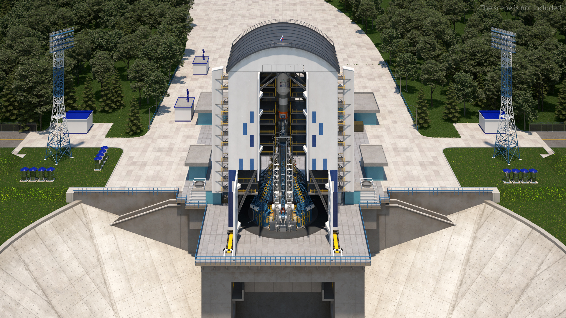 3D Vostochny Cosmodrome Spaceport with Soyuz 2 Orbital Vehicle Rigged
