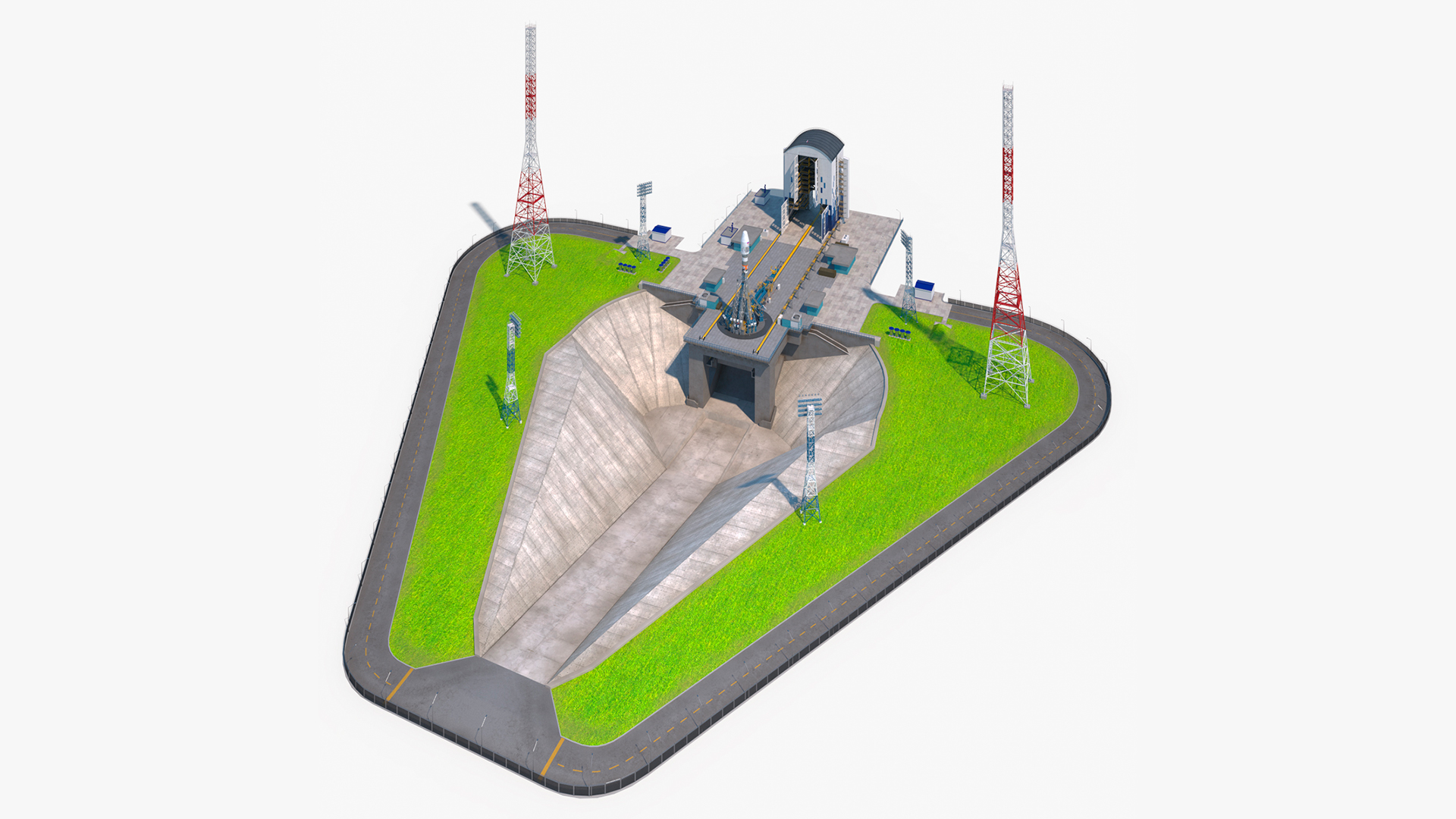 3D Vostochny Cosmodrome Spaceport with Soyuz 2 Orbital Vehicle Rigged