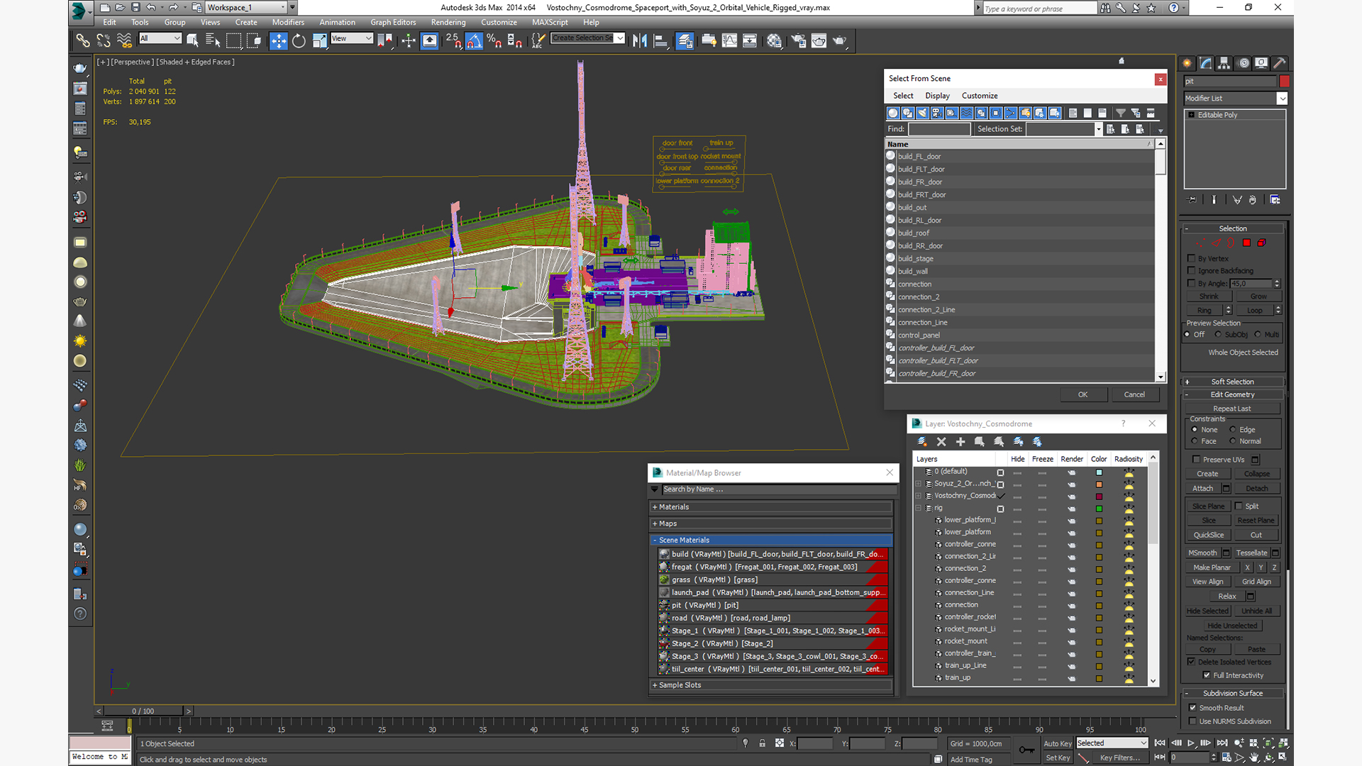 3D Vostochny Cosmodrome Spaceport with Soyuz 2 Orbital Vehicle Rigged