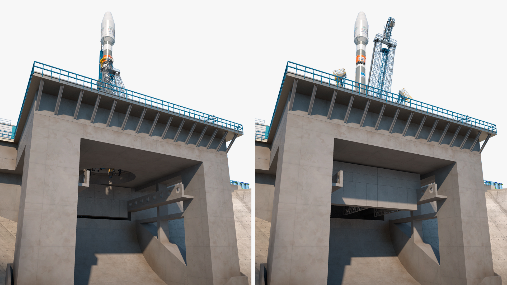 3D Vostochny Cosmodrome Spaceport with Soyuz 2 Orbital Vehicle Rigged