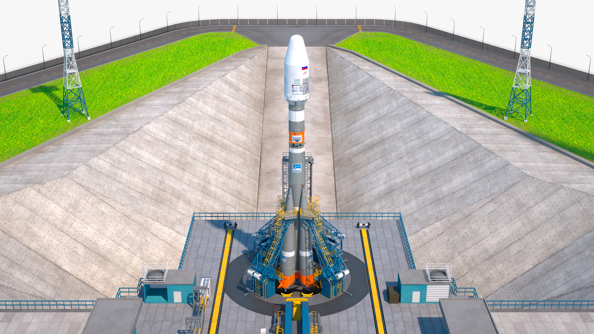 3D Vostochny Cosmodrome Spaceport with Soyuz 2 Orbital Vehicle Rigged