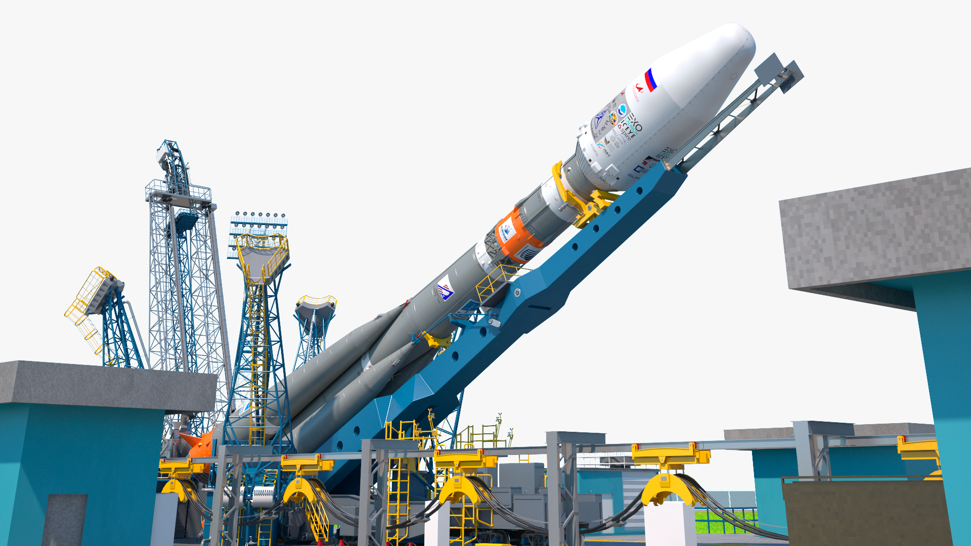 3D Vostochny Cosmodrome Spaceport with Soyuz 2 Orbital Vehicle Rigged