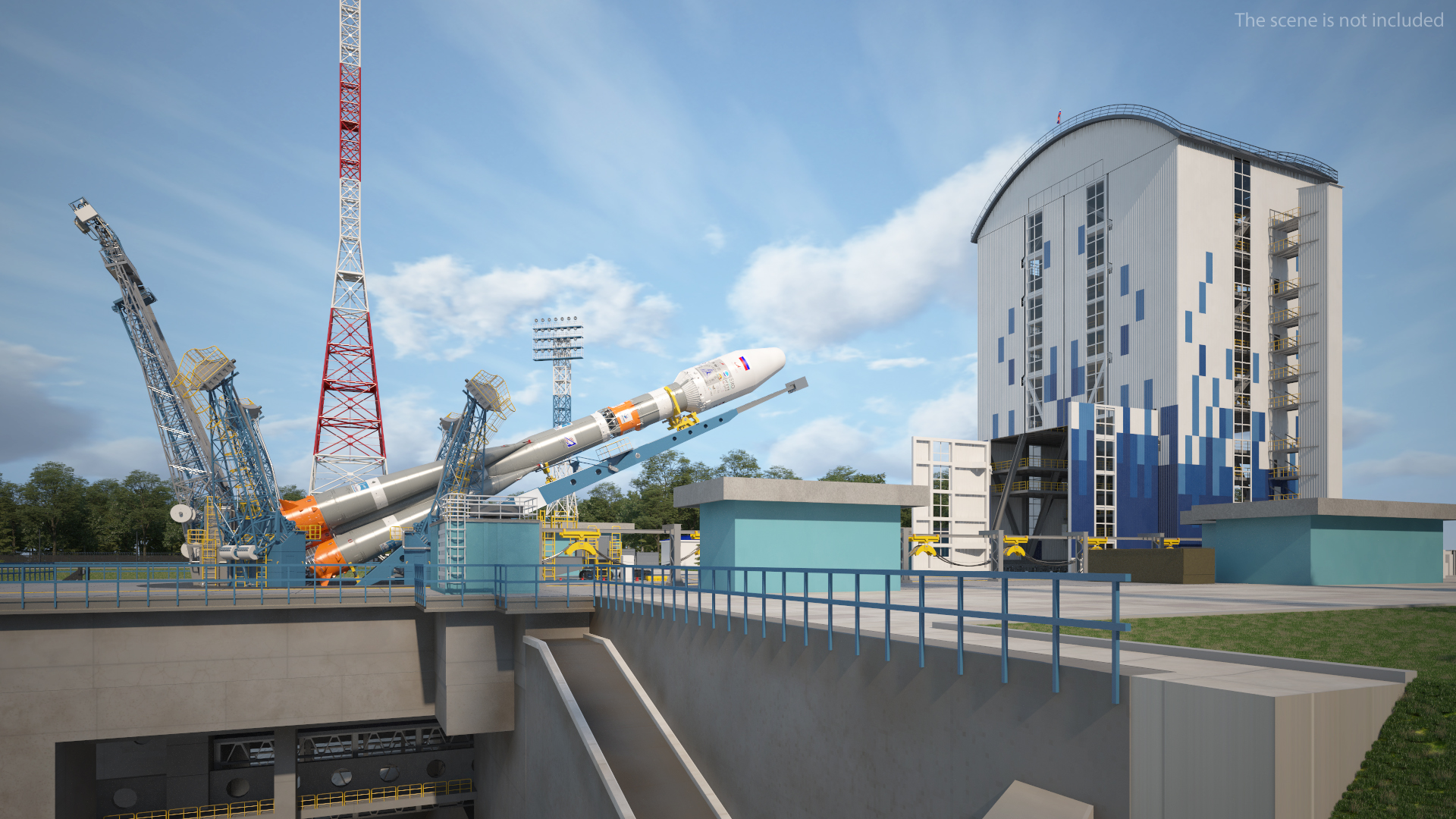 3D Vostochny Cosmodrome Spaceport with Soyuz 2 Orbital Vehicle Rigged