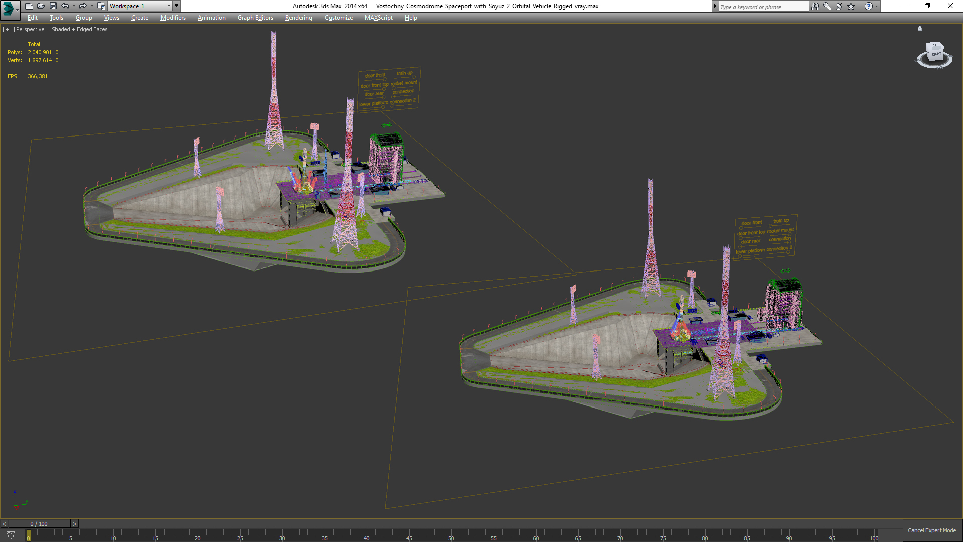 3D Vostochny Cosmodrome Spaceport with Soyuz 2 Orbital Vehicle Rigged