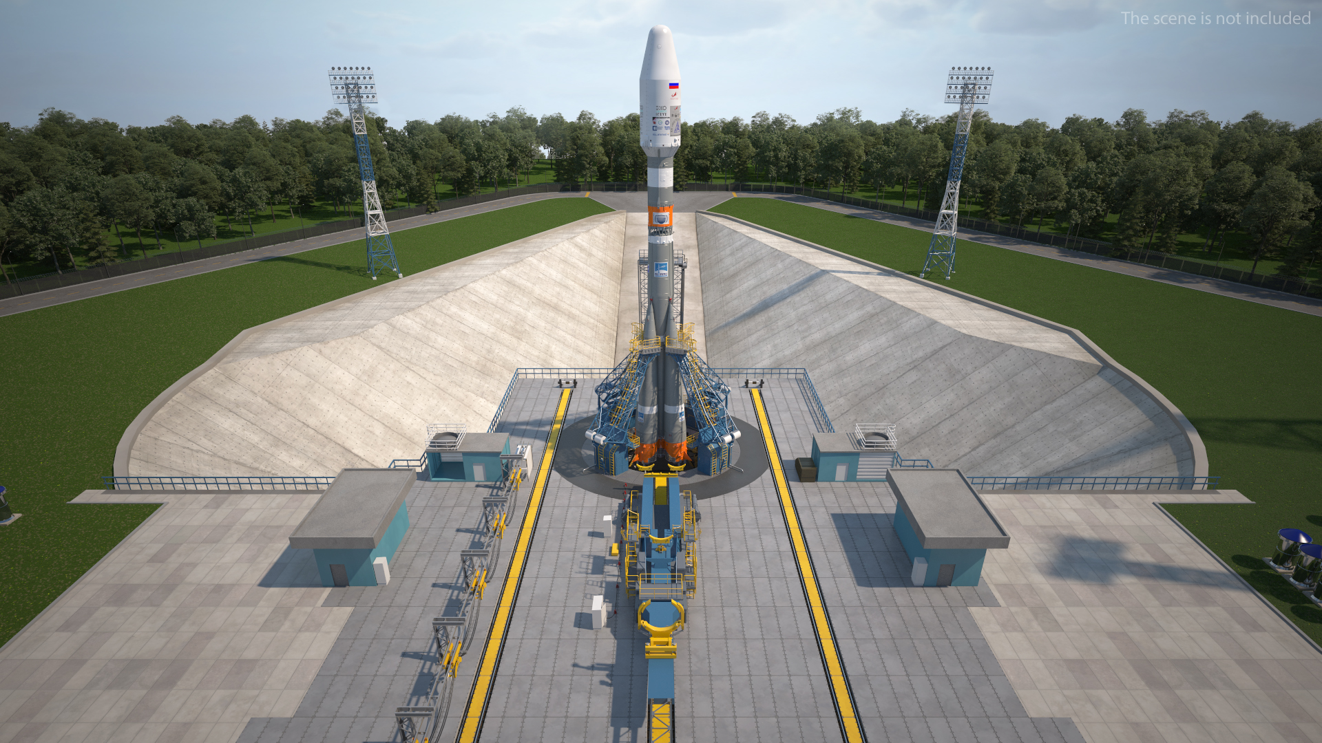 3D Vostochny Cosmodrome Spaceport with Soyuz 2 Orbital Vehicle Rigged