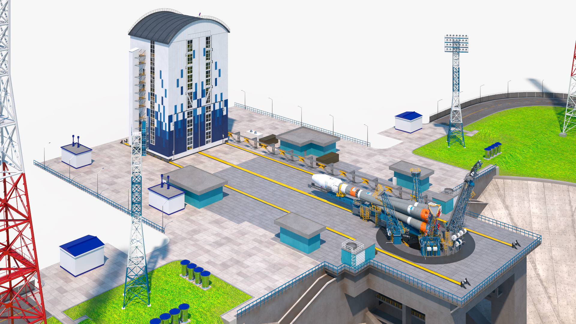 3D Vostochny Cosmodrome Spaceport with Soyuz 2 Orbital Vehicle Rigged
